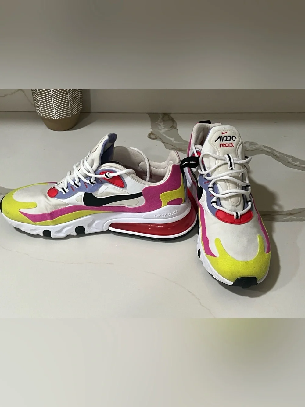 Nike Air270 React White Sneakers with Yellow, Pink & Red Accents